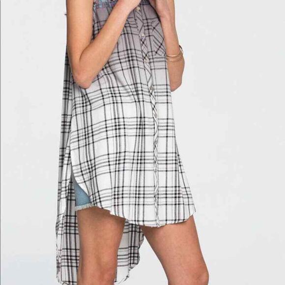 Miss Me Shirt Dress Small Gray Embroidered Ombre Boho Flannel High Low Tunic - Picture 8 of 10